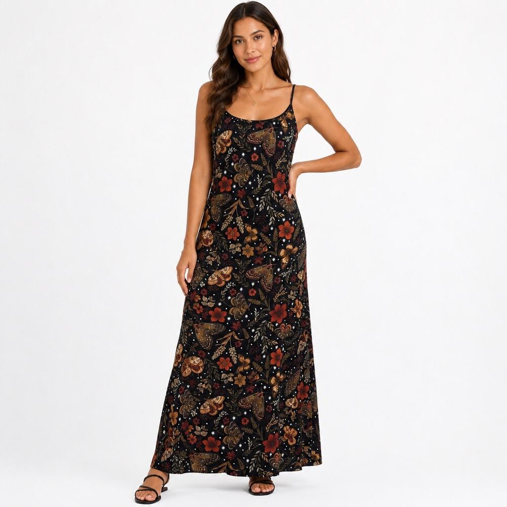 ROMWE Floral Butterfly Print Maxi Dress XL NWT Black Slip Dress Boho